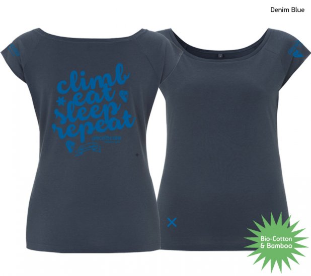 Climbing shirt "Climb eat sleep" - Women - Denim Blue - Click Image to Close
